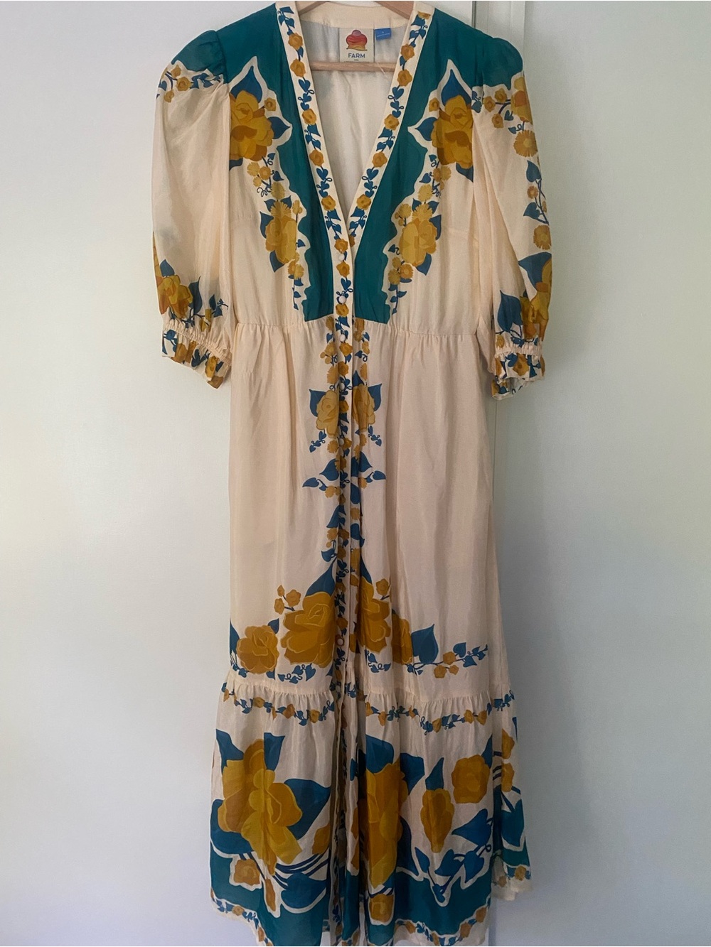 Anthropologie Cream Maxi Dress with Gold & Teal Floral Accents